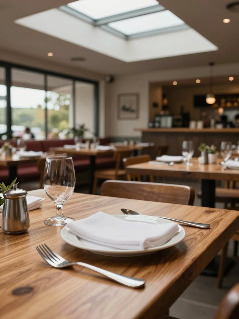 Portrait-oriented interior of a restaurant's main dining zone, natural daylight from skylights above illuminating wooden tables, a close detail of a place setting in the foreground, full depth of the room visible behind