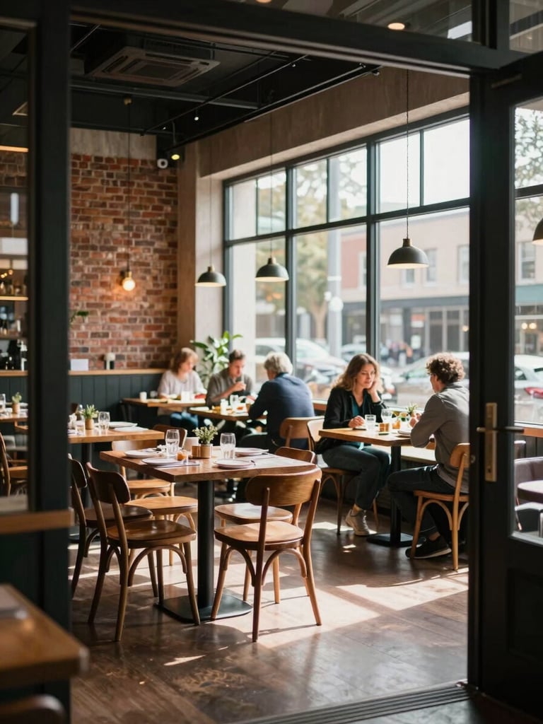 Wide environmental interior of an artisanal restaurant dining room, shot from just inside the entrance — warm midday light pouring through tall front windows across wooden tables set for service, exposed brick wall to the left, pendant lights catching the ambient glow, a handful of real patrons visible mid-meal in the background, natural depth of field, no staging