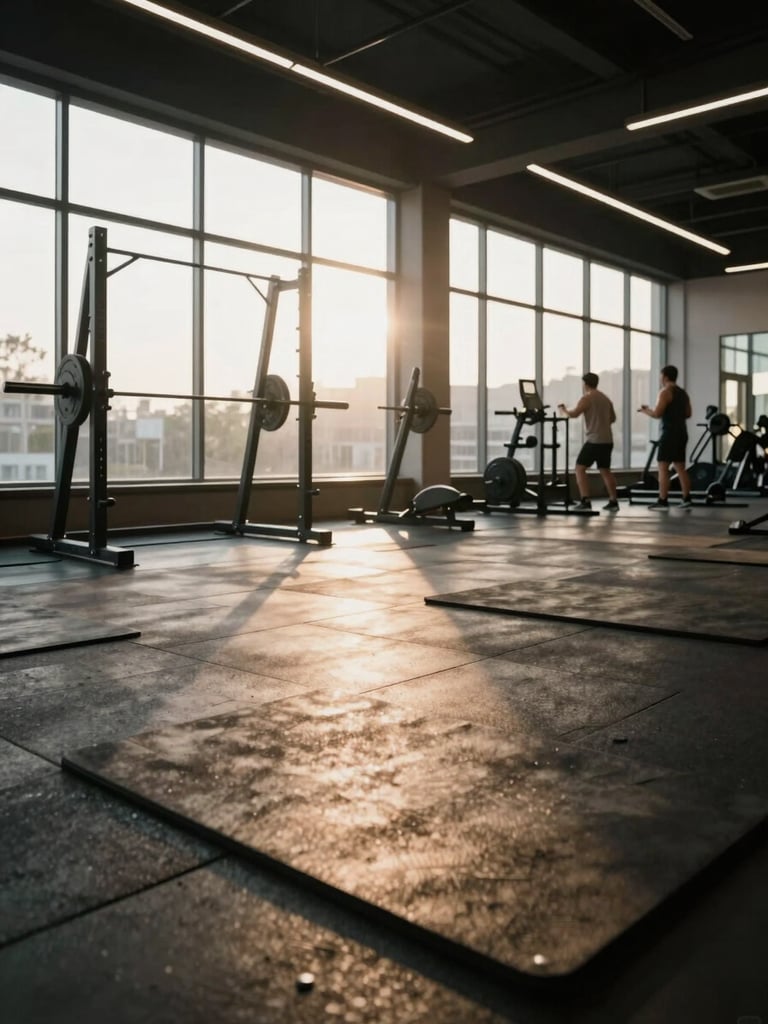 Close-up wide shot of a gym floor at early morning, natural light flooding through floor-to-ceiling windows onto weight racks and rubber mats, a few members mid-workout in the background, architectural ceiling beams visible above