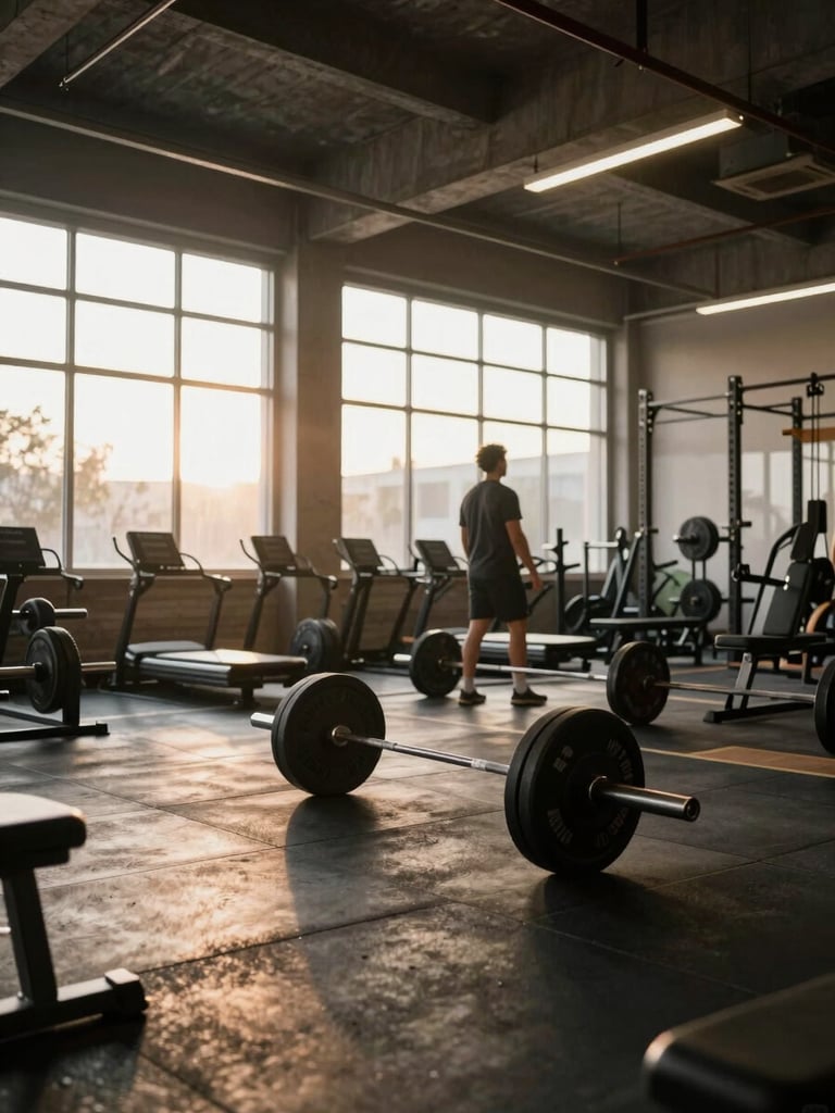 Wide environmental shot inside a busy gym floor at early morning, natural light streaming through tall windows, barbells and weight racks in active use by a figure in the mid-ground, industrial ceiling and concrete columns visible, warm amber light catching the equipment surfaces