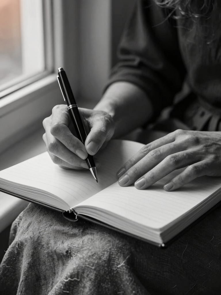 Extreme close-up, portrait orientation — a woman's hands resting on an open notebook, one hand holding a pen lightly, the other flat on the pale page. North-facing window light falls from the left, casting a soft shadow across worn linen fabric beneath the notebook. Ink just visible on the page. Black and white with a single warm ochre cast from late afternoon light through a sheer curtain.