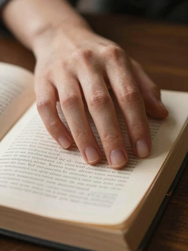 Extreme close-up of a woman's hands resting on an open book, fingers slightly curled over the page edge, tungsten indoor light falling from the left, worn paper texture visible, ink marks on the page, no face, intimate and still