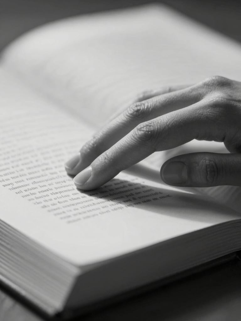 Extreme close-up, tungsten indoor light, a woman's hand resting on an open book page, ink visible on the paper, fingertips slightly curved, black-and-white, warm shadows