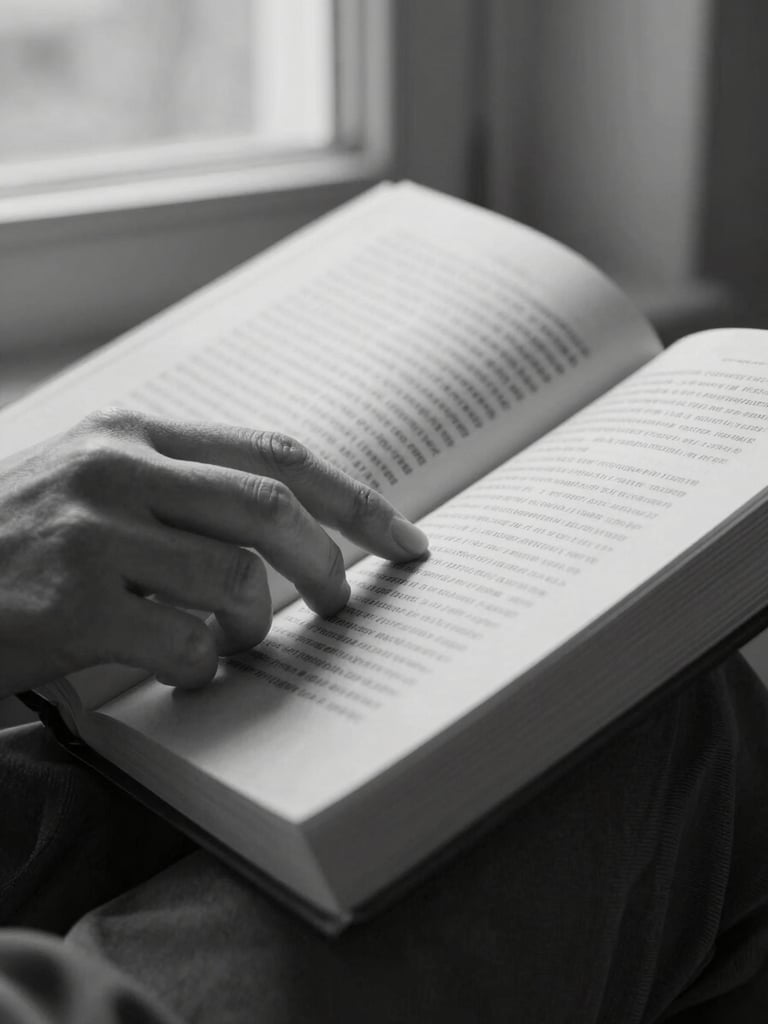 Extreme close-up of a woman's hands holding an open book, fingers resting on the page, photographed in black and white under soft north-facing window light, ink visible on the open pages, fabric sleeve at the wrist edge of frame, quiet and still