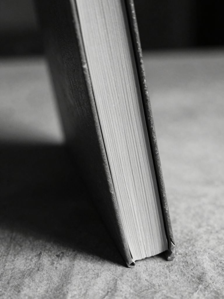 Black and white close-up of a book spine resting against a worn fabric surface, tungsten indoor light casting a warm shadow to the left, the spine's texture sharp, surrounding objects out of focus, intimate and still