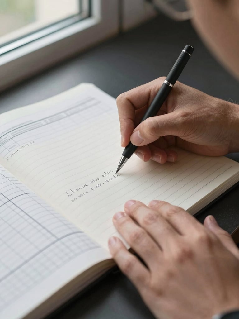 Close-up of hands writing notes on a ruled notepad beside an open spreadsheet printout on a desk, professional daylight from a window to the upper left, shallow depth of field on the notepad, documentary style