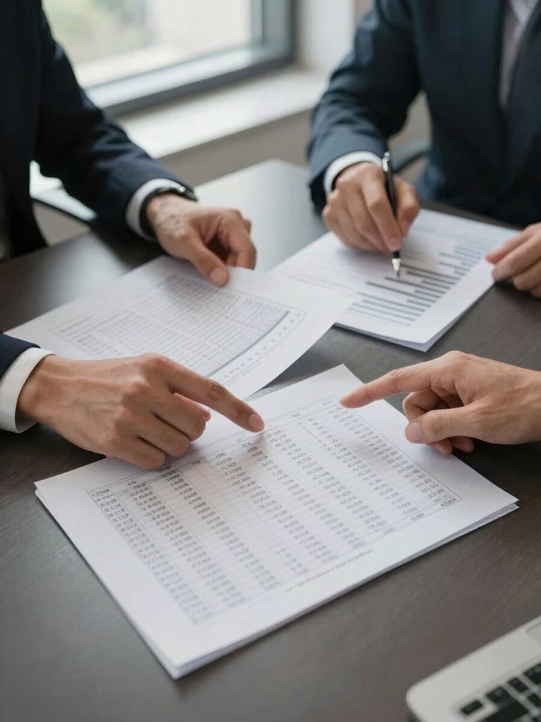 Medium shot from above of a conference table, two people reviewing a printed financial report, hands pointing at rows of figures, natural office daylight from a side window, charcoal and white documents, no faces visible