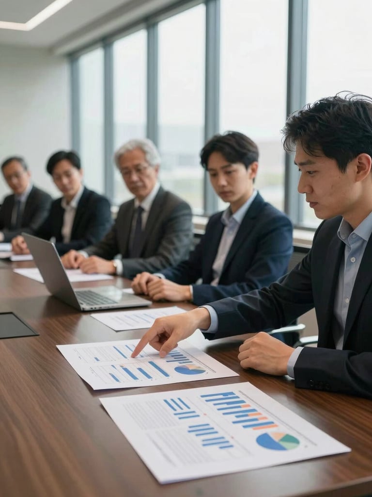 Medium shot from the side of a small group around a conference table, one person pointing to printed financial reports spread across the table, natural daylight from tall windows, professional but unpolished atmosphere, no smiling poses