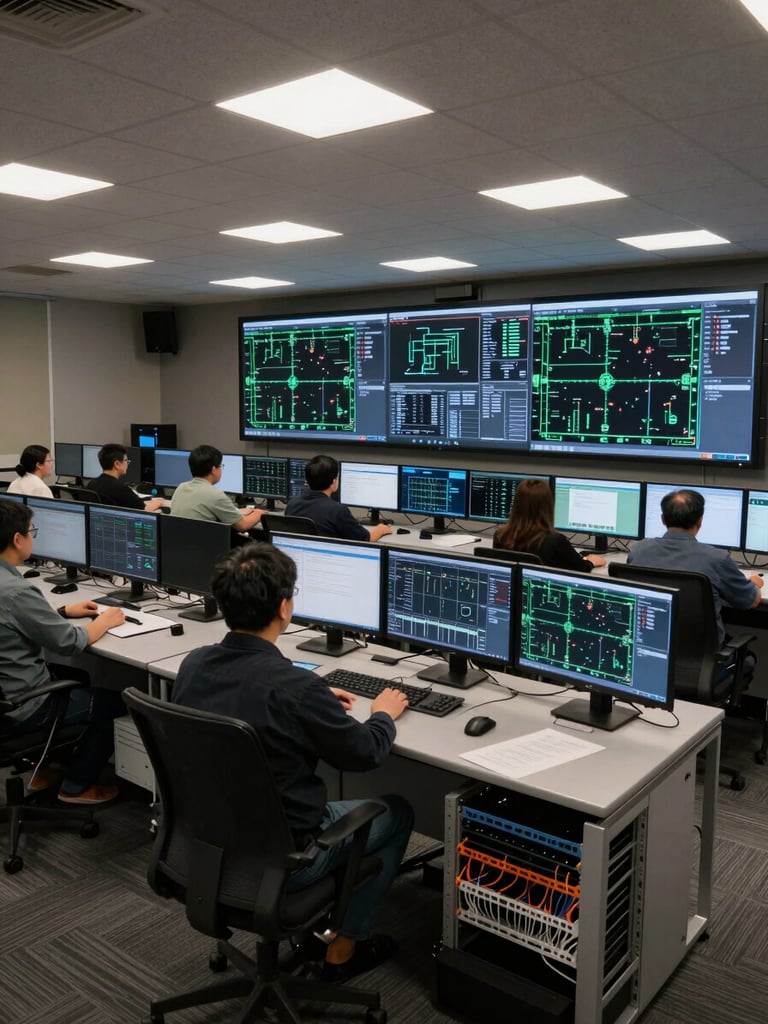 Wide-angle view of a live network operations center, rows of monitors displaying network topology dashboards, overhead fluorescent lighting casting even illumination across cable management racks and operator workstations, shot from mid-room looking toward the main display wall
