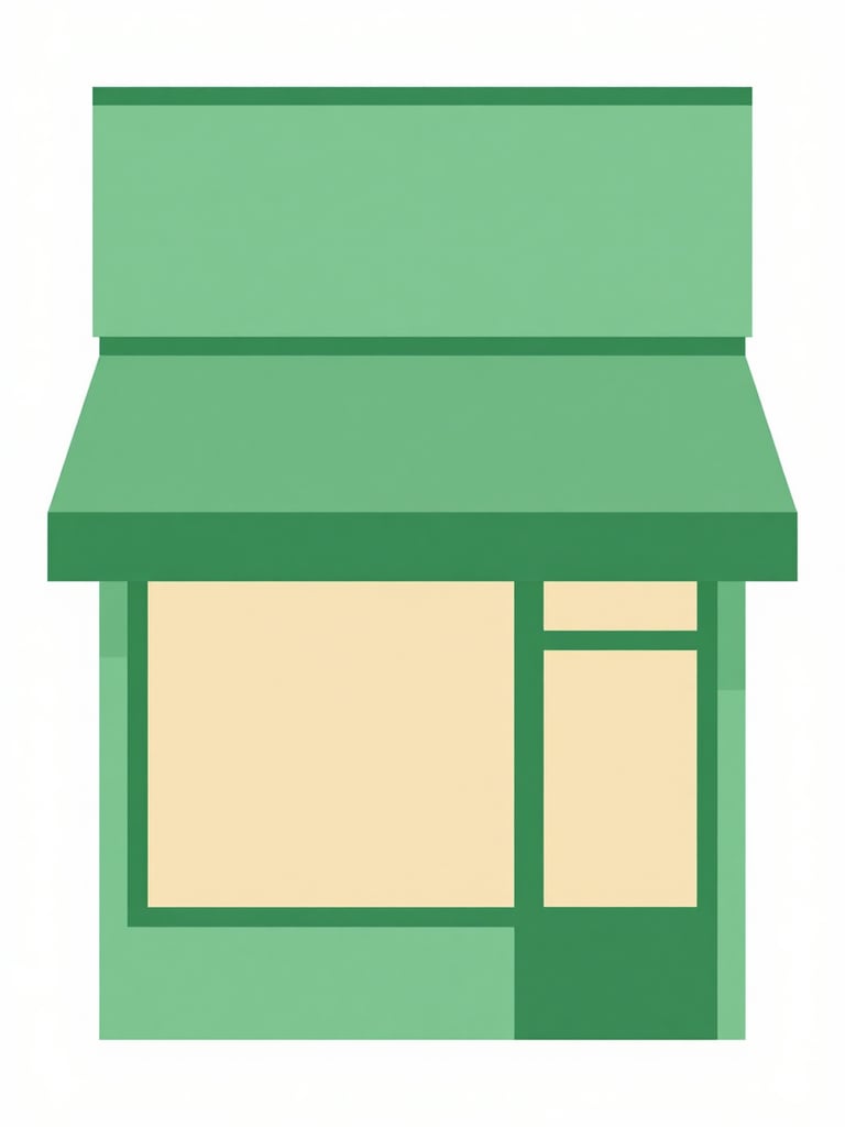 Flat vector illustration of a modern local storefront with a clean green awning, geometric minimalist style, soft forest green and warm sand accents, bright balanced composition.