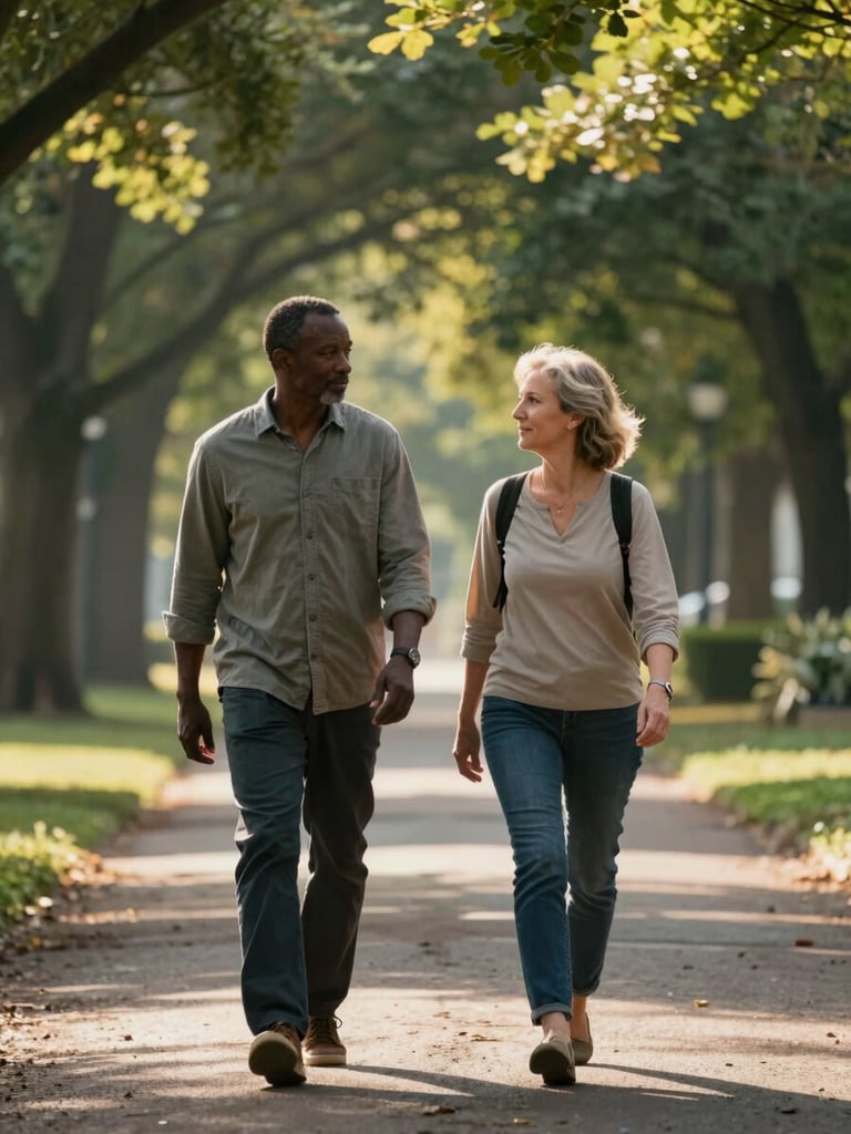 Two people walking side by side on a quiet tree-lined path in dappled morning light, one a Black man in his late forties, one a white woman in her early fifties, both in profile, mid-conversation, relaxed pace, green foliage softly out of focus in the background, natural golden daylight filtering through leaves