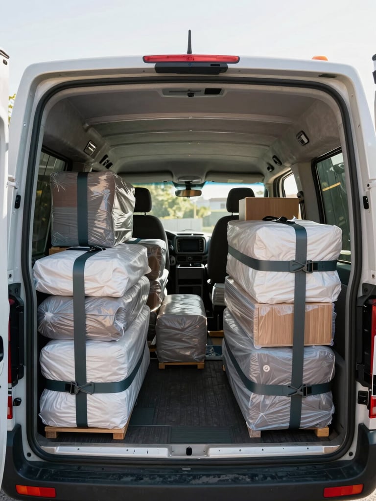 Wide-angle interior of a moving van fully loaded from floor to ceiling, furniture wrapped in protective blankets and secured with ratchet straps, natural daylight streaming through the open rear doors, organized and methodical packing visible in every corner