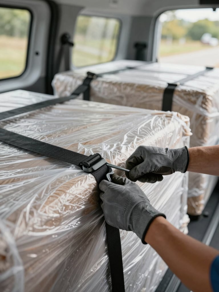 Close-up of gloved hands tightening a ratchet strap over wrapped furniture inside a van, natural daylight through side panels, organized load visible in background