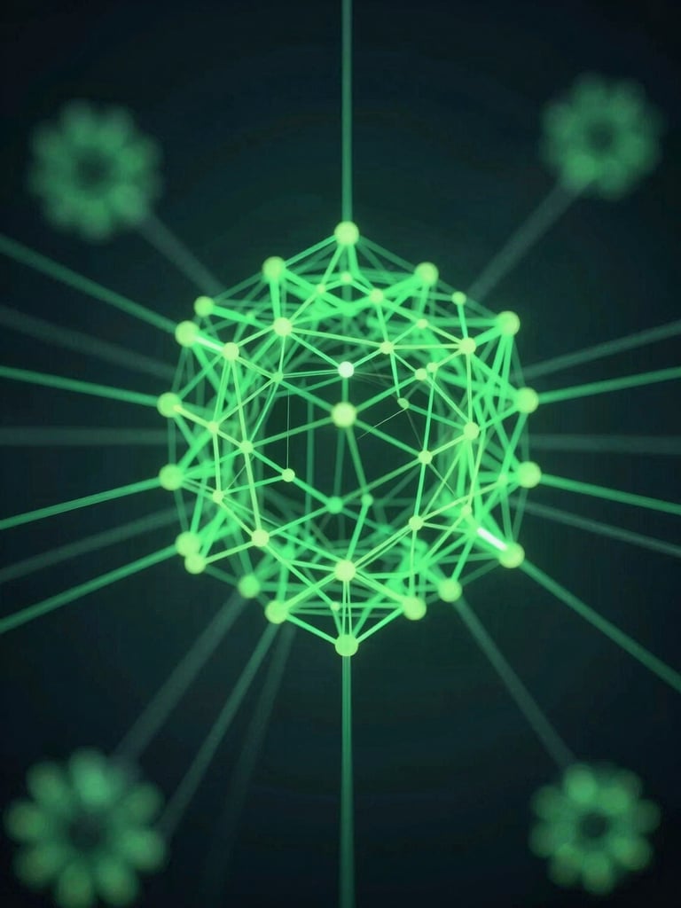 Abstract architectural wireframe of a secure network node, sharp technical details, glowing green vector lines against a deep obsidian background, macro lens.
