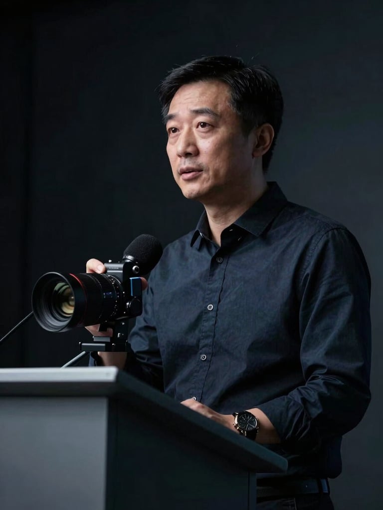 Low-key dramatic portrait of a cybersecurity architect speaking at a seminar podium, cool-toned studio lighting, deep shadows, 35mm architectural lens.
