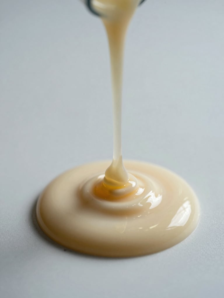 Macro photography of viscous silicone oil showing complex fluid dynamics and rheological flow on a neutral clinical white surface, cool-toned studio lighting, sharp shadows, extreme close-up.