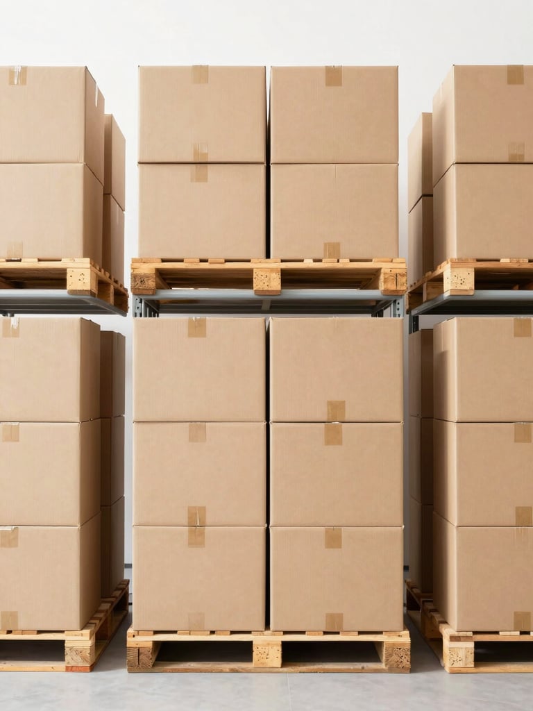 Straight-on eye-level shot of organized warehouse shelving with neatly stacked cardboard boxes on wooden pallets under bright clean daylight