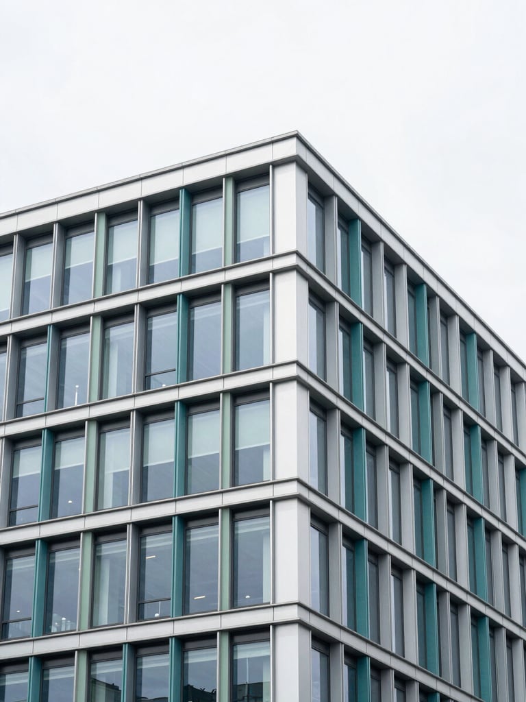 Architectural close-up of a modern energy-efficient public building facade, clean lines, steel and glass, bright overcast daylight, teal accents