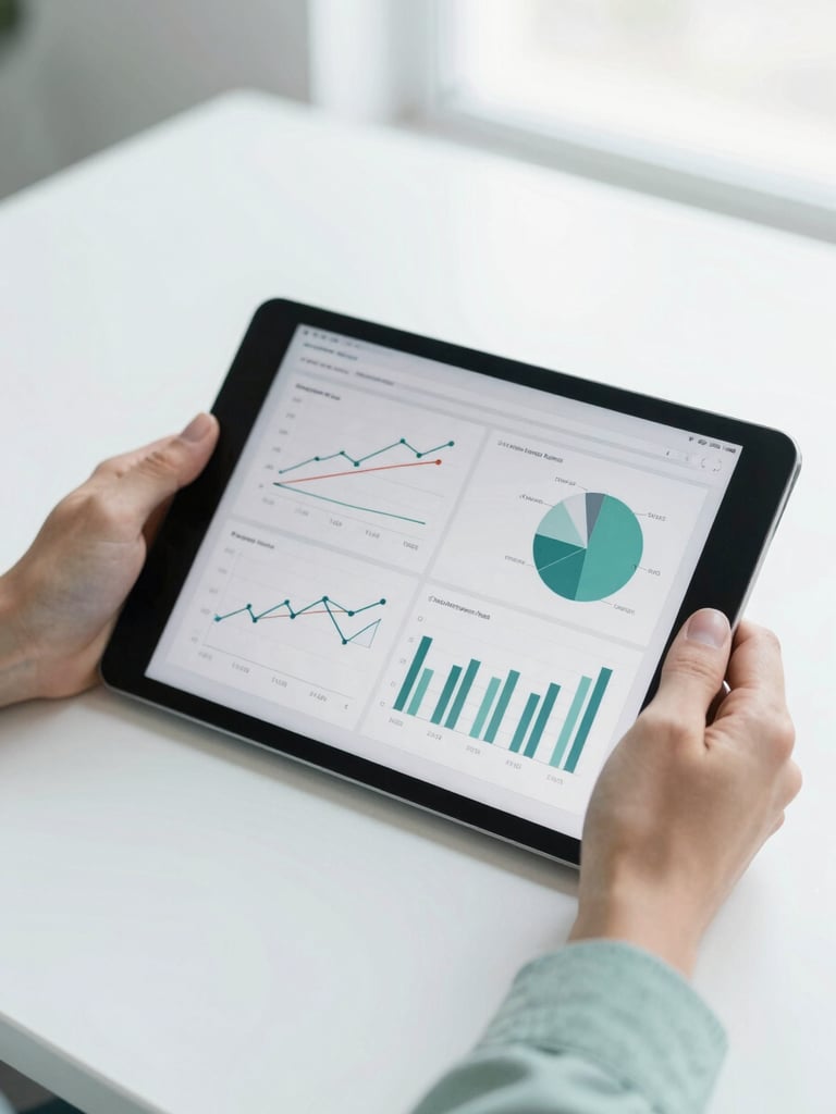 Close-up of a professional tablet displaying technical energy schematics and performance charts, held by hands over a clean white desk, bright natural light.