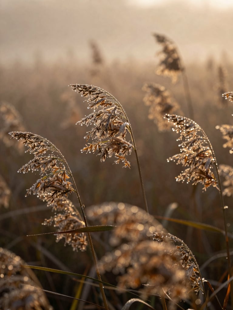 Close-up of morning dew on wild reeds in the Muance valley marshlands, soft golden light, misty background, shallow depth of field, warm tones