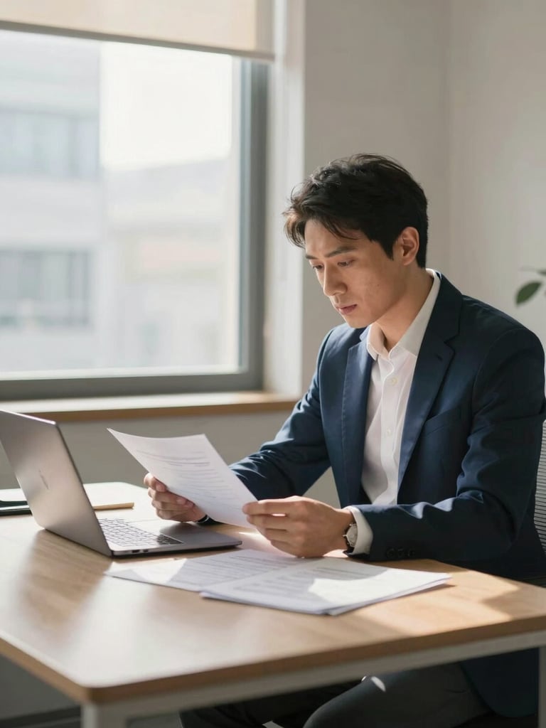 Wide environmental shot of a professional office, a man in his mid-thirties in a navy blazer seated at a desk to the right third of the frame, reviewing documents under warm natural window light, laptop and files visible on the desk surface, calm and focused atmosphere