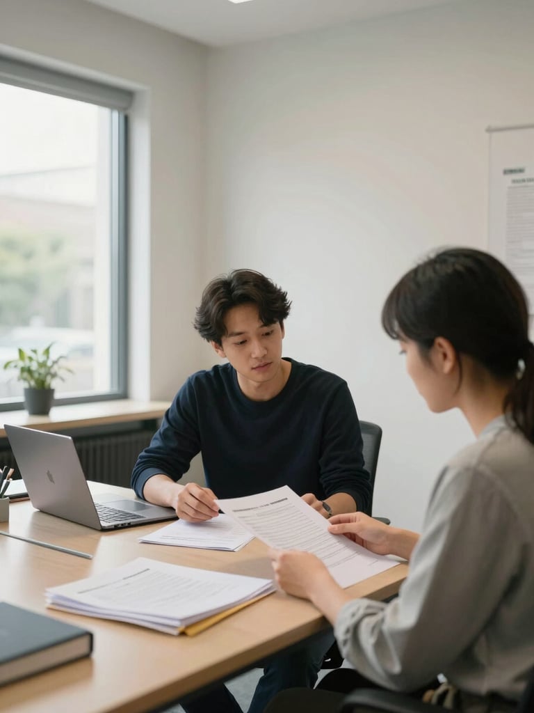 Wide environmental shot of a counselling office interior, a student seated across a desk from a counsellor reviewing printed documents together, both looking at papers, natural daylight from a window on the left, clean desk with a laptop and file folders, documentary-grade lighting, calm and professional atmosphere
