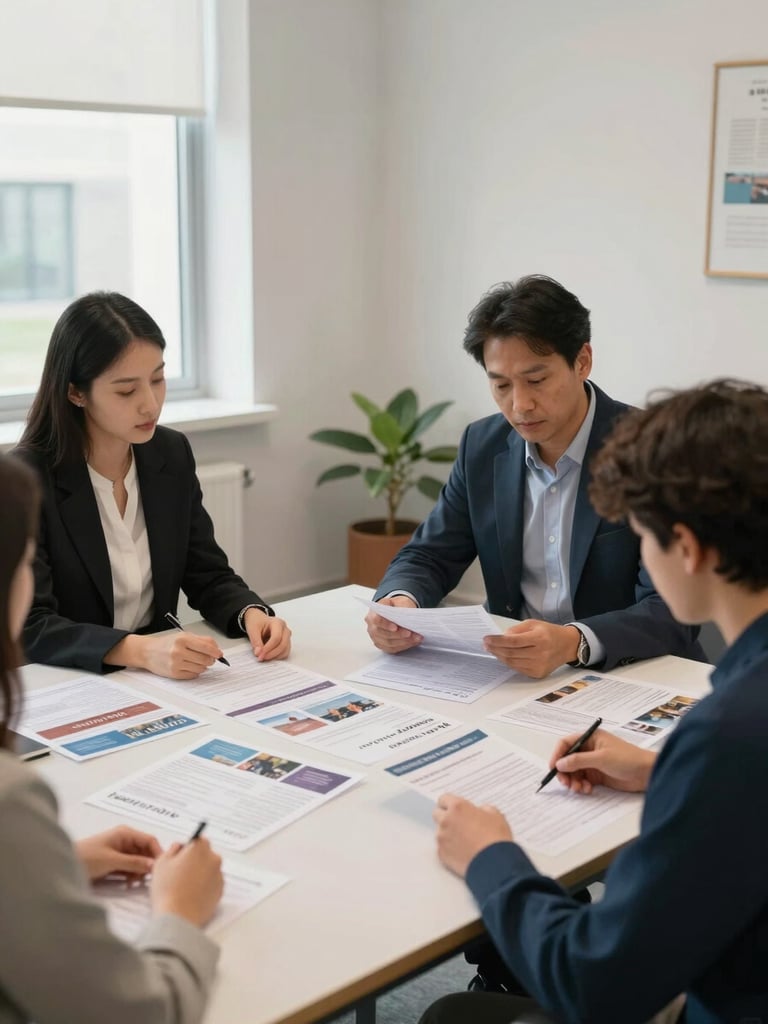 Wide environmental shot of a counselling office, two advisors and a student reviewing printed university brochures spread across a large table, natural window light from the left, calm and professional atmosphere