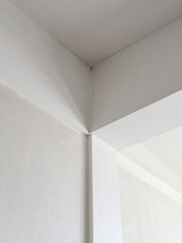 A close-up of a perfectly finished drywall joint in bright, natural daylight, sharp architectural lines, dust-free, clean cool tones, 35mm lens.