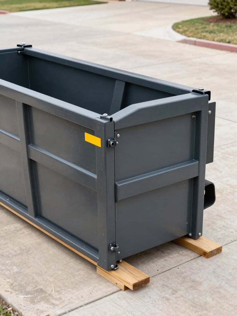 Close-up of a roll-off dumpster being placed on wood boards on a clean concrete driveway, bright Texas daylight, showing attention to detail