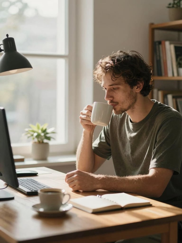 Plan medio de un profesional independiente trabajando en un escritorio de madera ordenado, luz natural suave de mañana entrando por la ventana, sosteniendo una taza de café, ambiente de calma y concentración.