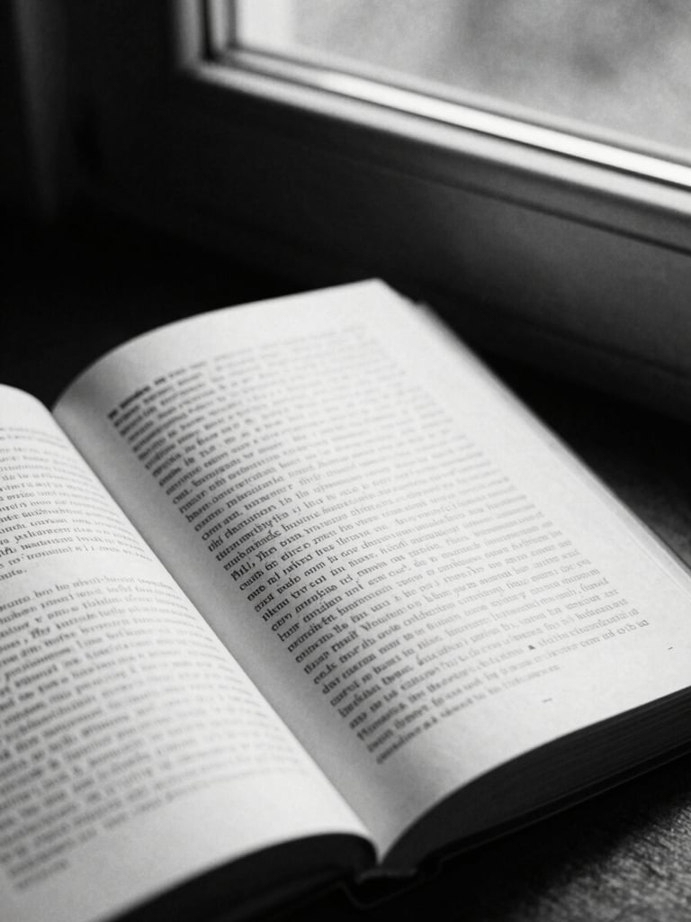 Stark black and white photography, dramatic side-lit window light, close-up of open books with dense marginalia on textured paper, 35mm film grain