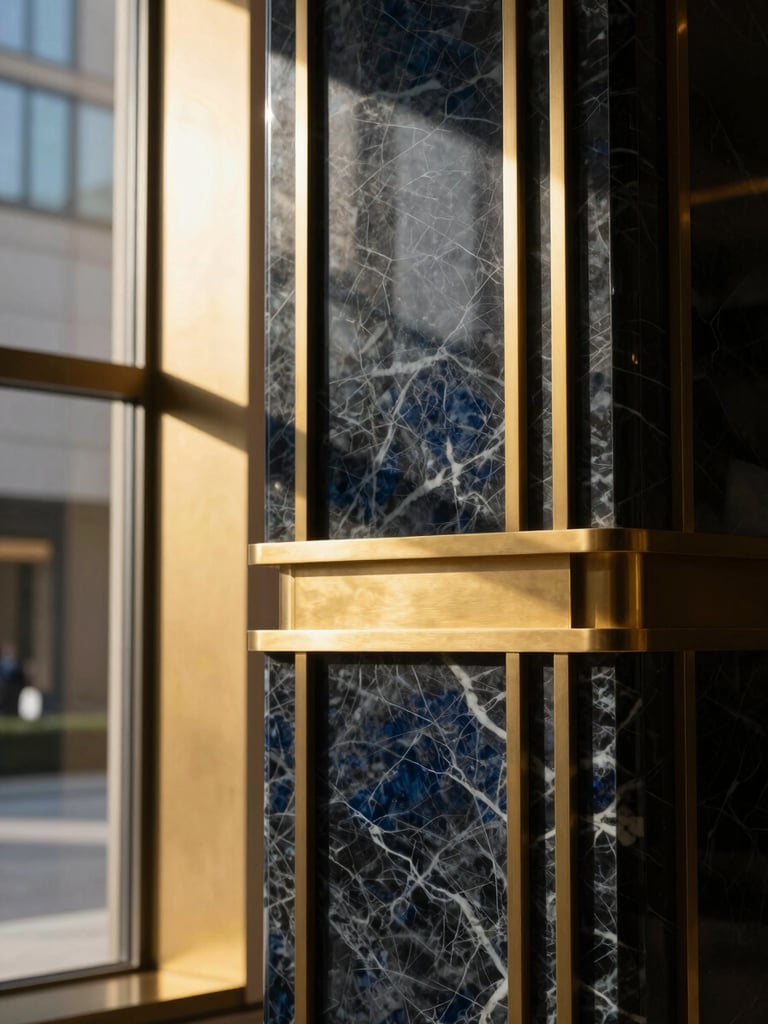 Close-up of premium interior finishes with marble and brass in a sunlit corporate lobby, architectural photography, 35mm lens