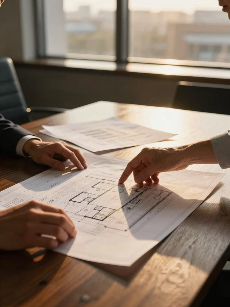 Hands reviewing architectural blueprints and financial spreadsheets on a dark oak table in a sunlit corporate boardroom, warm golden-hour light.