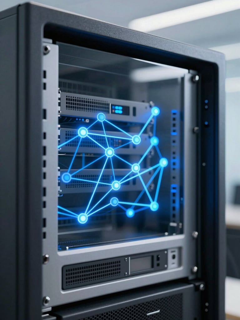 Close-up of sleek server rack in a dark modern office, abstract glowing blue network nodes, crisp light-streak accents, cool studio lighting, sharp depth of field