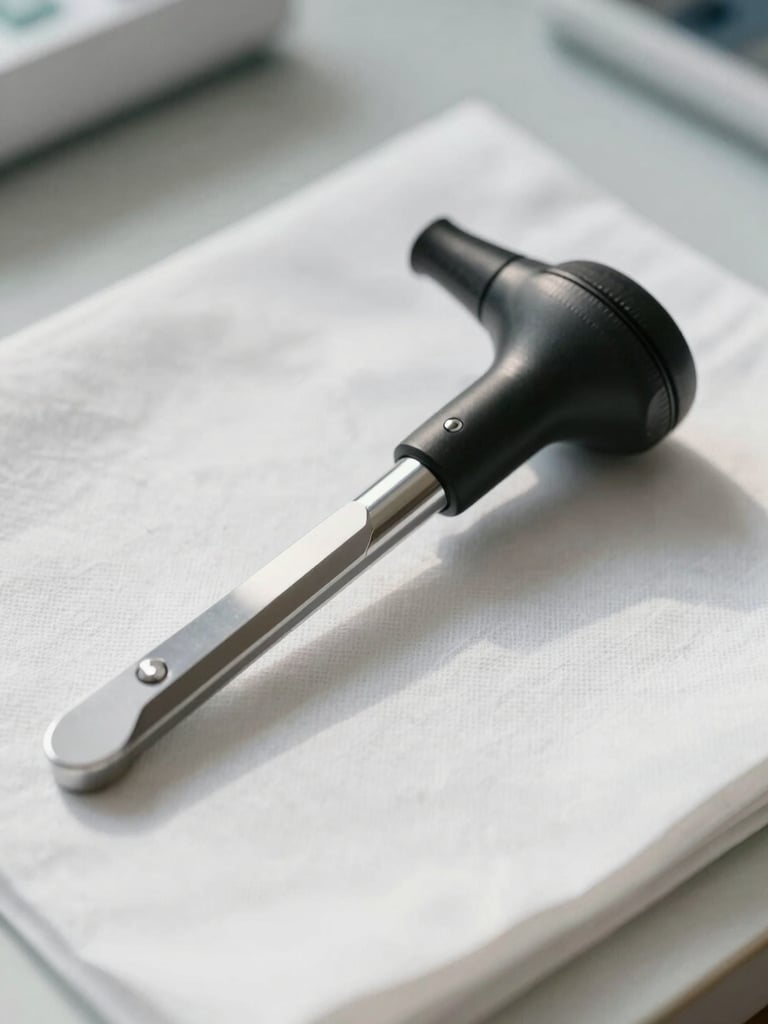 Macro shot of a professional medical tuning fork and otoscope resting on a clean white linen surface in a sunlit clinic, soft Mediterranean light.