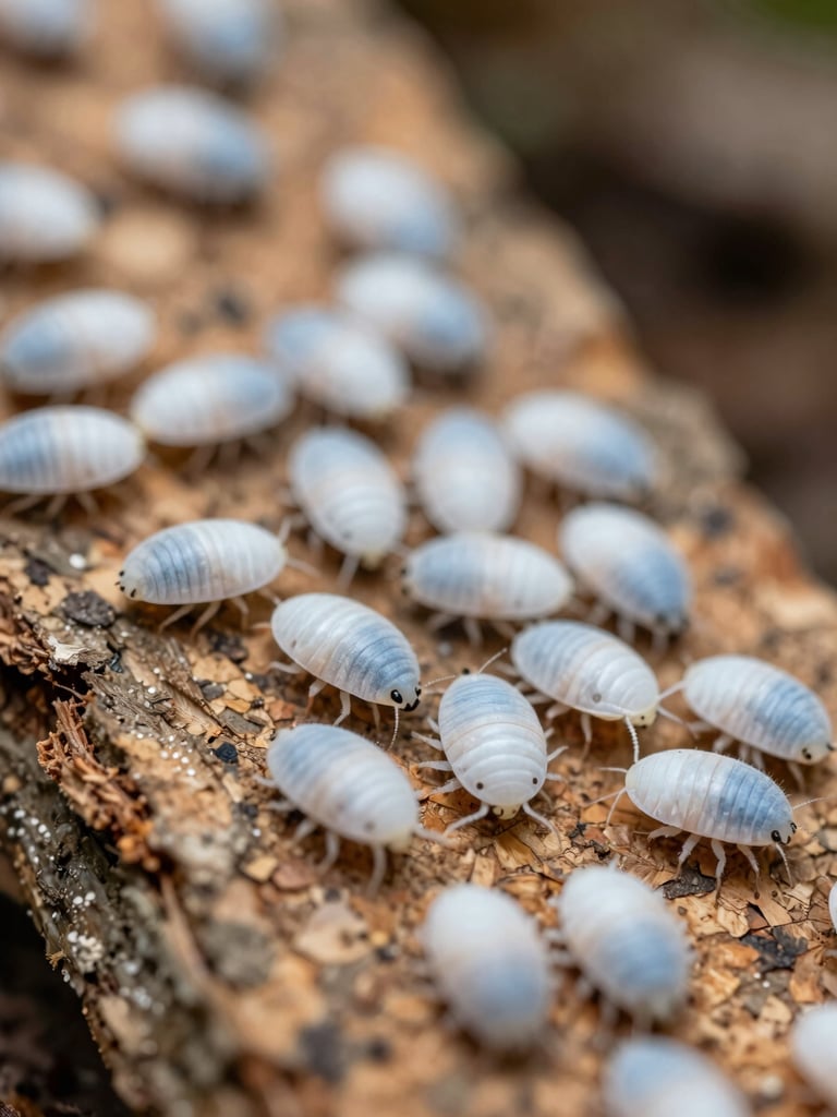 Macro photography of tiny white springtails and powder blue isopods coexisting on damp cork bark, soft forest floor lighting, extreme close-up