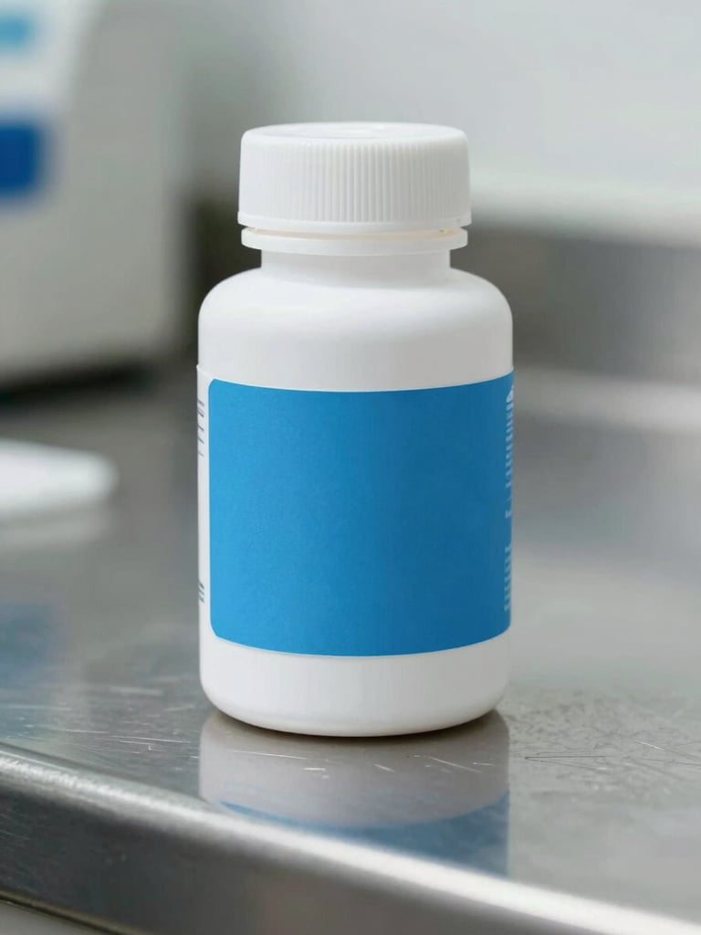 Macro straight-on shot of a clean, clinical white bottle with a minimalist blue label on a polished stainless steel surface, bright daylight, clinical utility.