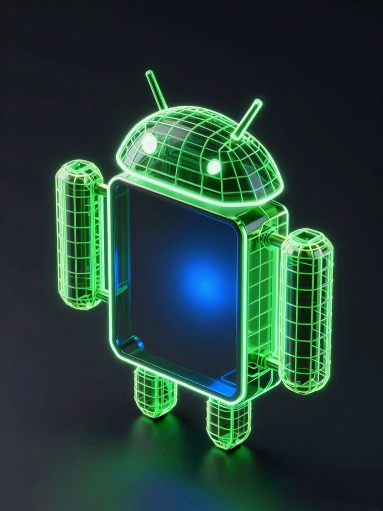 Isometric 3D render of a futuristic Android device frame, glowing neon green wireframe chassis, dark reflective glass, electric blue light source, octane render style