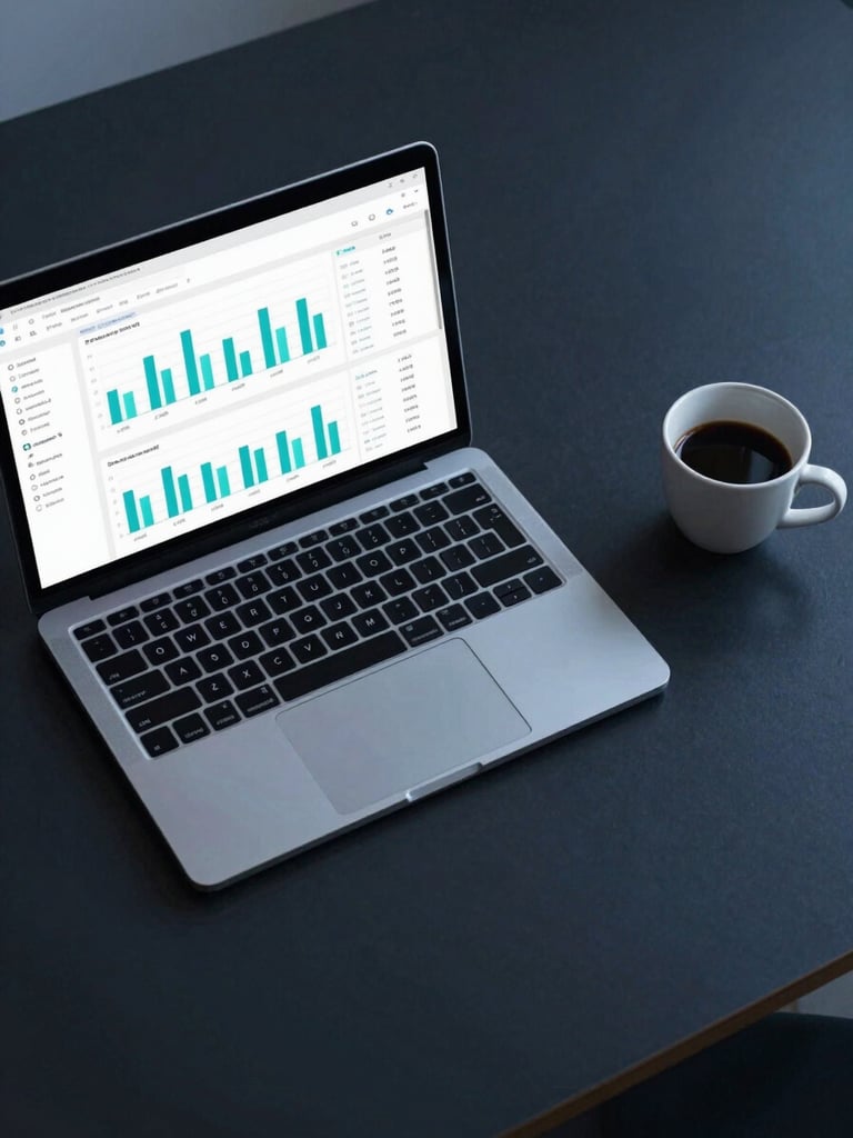 Overhead tight shot of a minimal desk surface under cool studio strobes — open laptop showing a clean analytics dashboard with cyan metric lines, a single espresso cup to the right, no clutter, dark charcoal surface, blue-hour tones