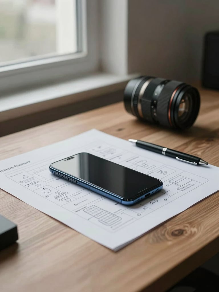 Wide desk workspace, Android phone resting on a printed workflow diagram, a single pen beside it, overcast window light from the left, muted neutral tones, no people