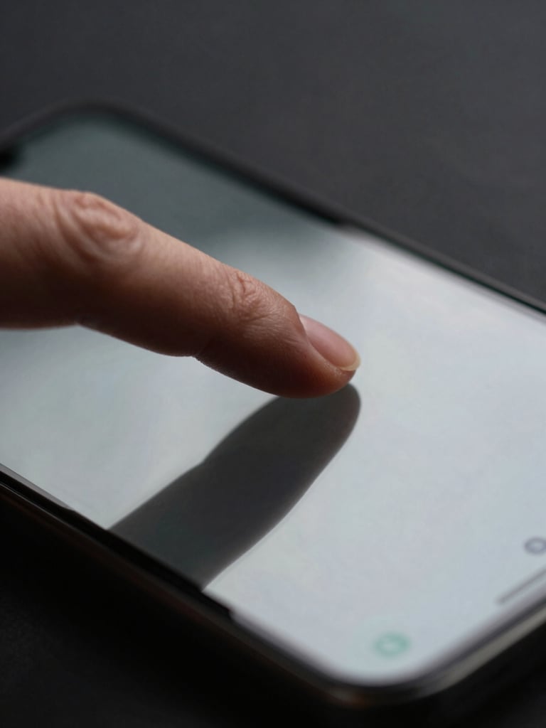 Extreme close-up of a finger resting on an Android device screen, a minimal dark-UI app visible under soft overcast studio light, sharp focus on the fingertip and glass surface, dark background
