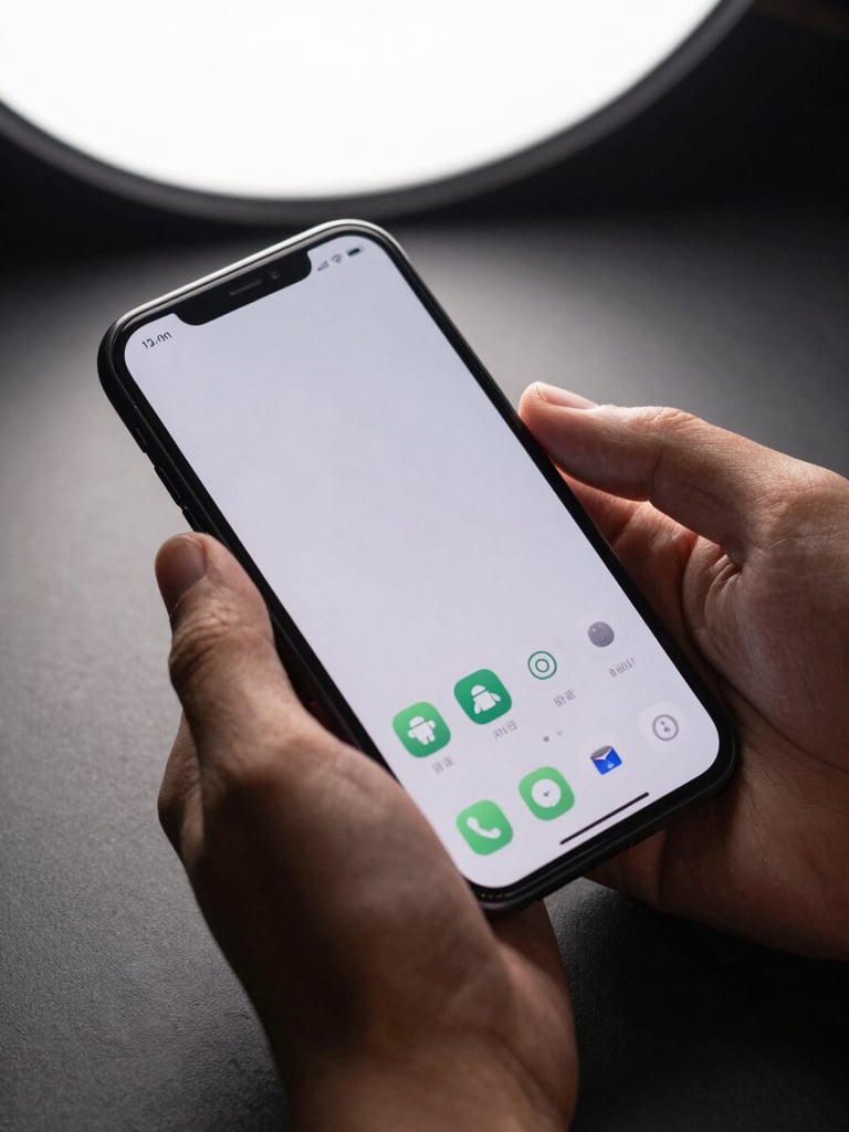 Close-up of hands holding an Android phone mid-swipe, a clean minimal app interface in motion, soft studio light from above, dark desk surface below, sharp focus on the screen edge
