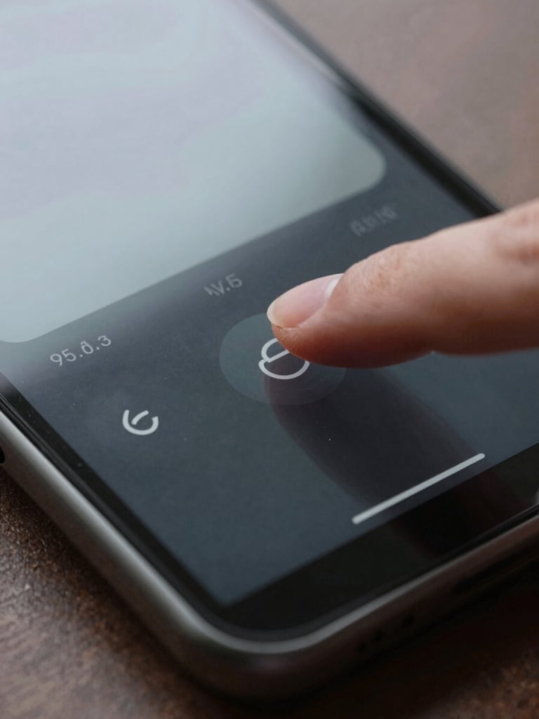 Extreme close-up of a finger tapping a single action button on an Android screen, overcast light, dark interface, desk surface visible at the edge