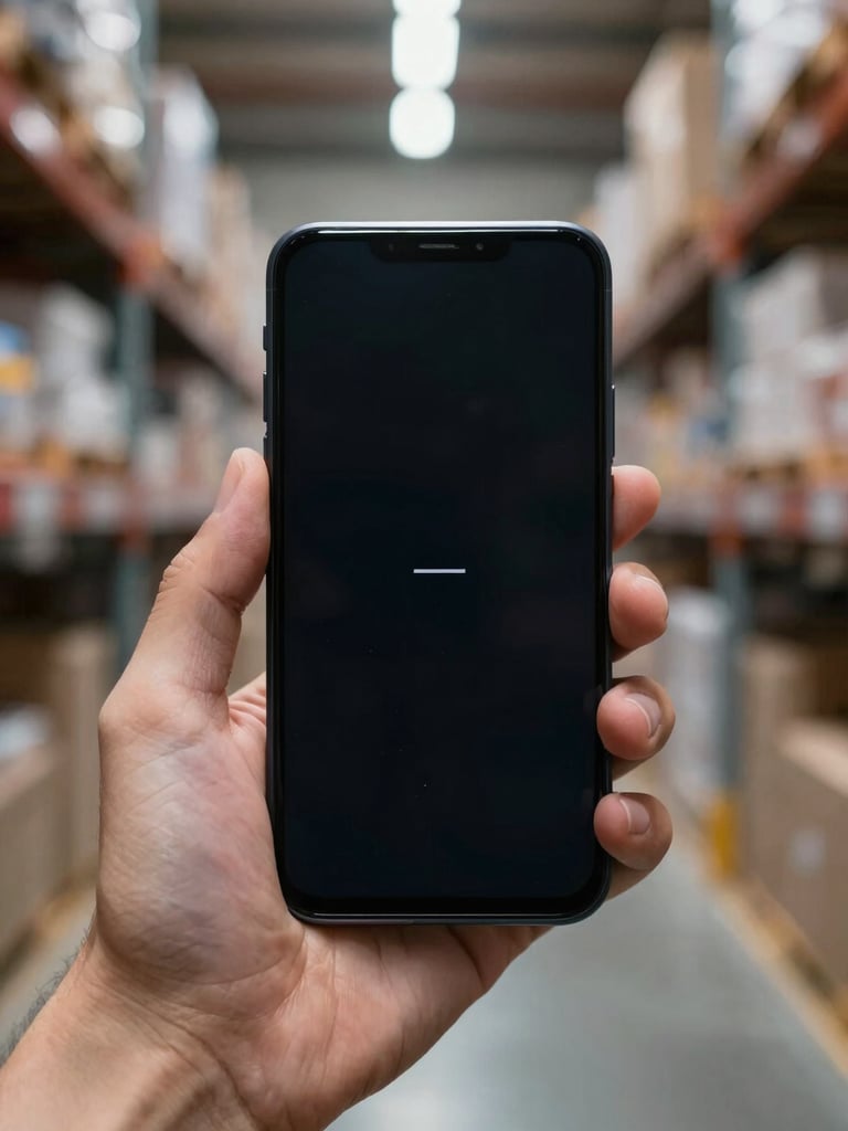 Close-up of a hand holding an Android device in a warehouse setting, a minimal scan confirmation screen on display, soft diffuse overhead light, blurred shelving in background