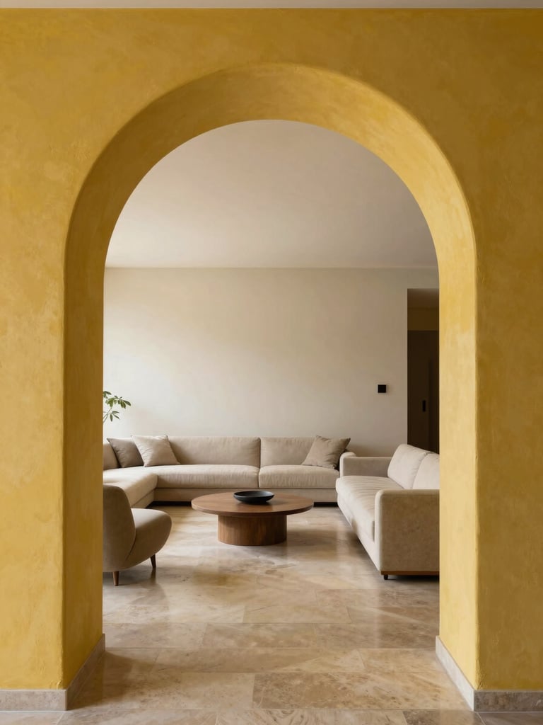 Symmetrical view of a modern living space framed by a raw lime-wash arch, minimalist low-profile furniture resting on polished local stone floors.