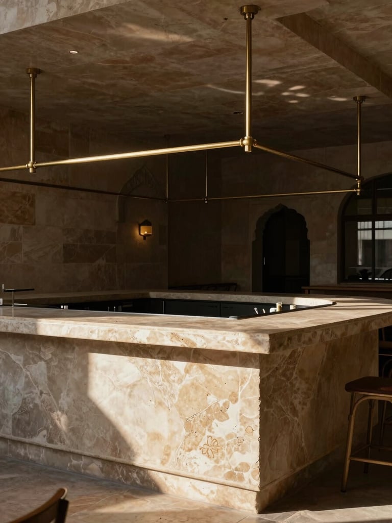 A modern restaurant interior in Jodhpur, high-contrast directional light hitting a monolithic sandstone bar counter, modern brass light fixtures hanging above.