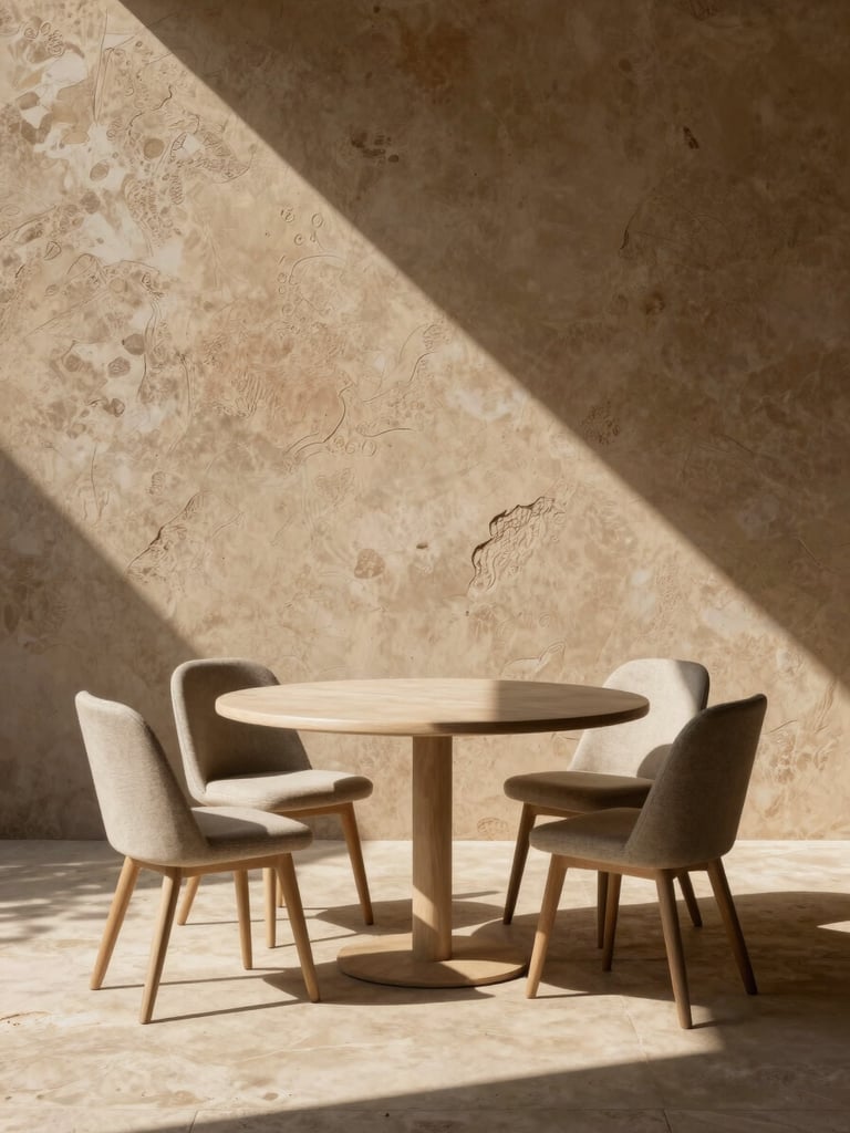 A minimalist outdoor dining table set inside a sandstone courtyard, high-contrast sunlight casting sharp diagonal shadows across a textured lime-wash wall.