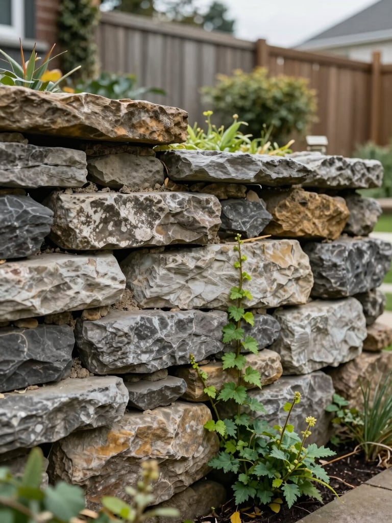 Close-up of a mortared stone retaining wall in a North York residential garden, overcast natural light showing the texture of aged limestone blocks and established groundcover creeping between joints, real yard fence visible in the background