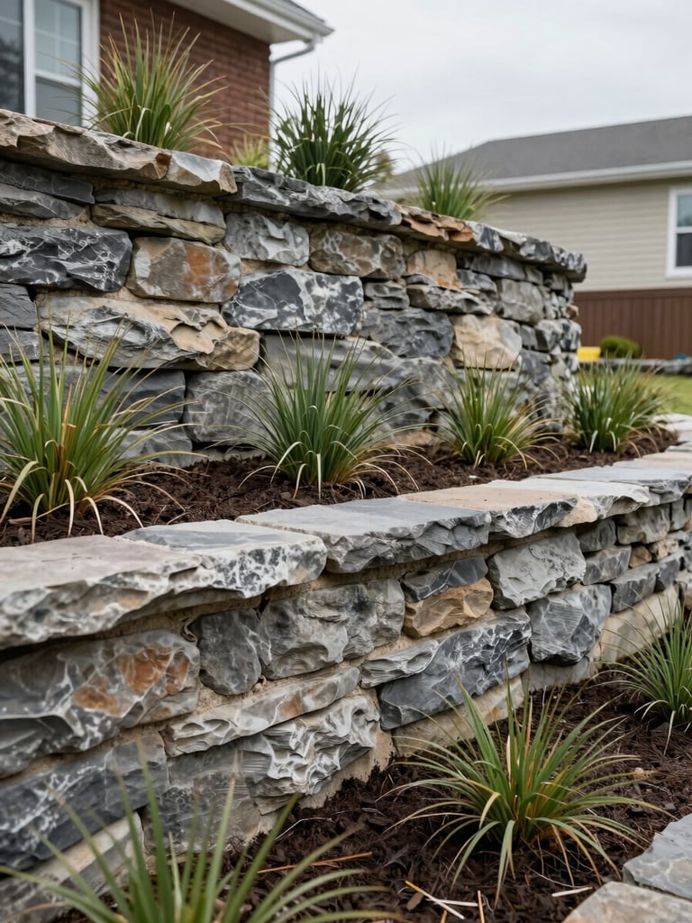 Close environmental shot of a completed retaining wall and planted bed in a North York side yard — rough-cut stone face with visible weathering, low ornamental grasses rooted between courses, shot at ground level under overcast daylight showing true stone texture and soil depth