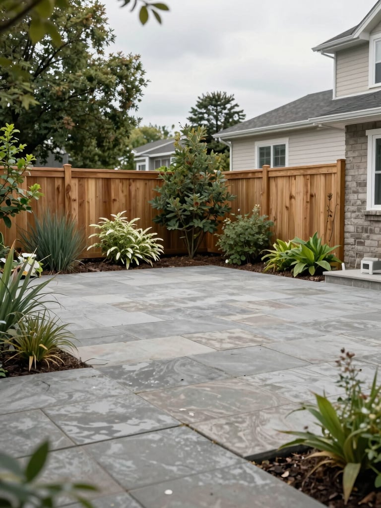 Wide environmental view of a completed residential backyard in a North York lot, overcast daylight showing a stone patio with aged concrete pavers, dense established plantings along a cedar fence, natural material textures rendered truthfully
